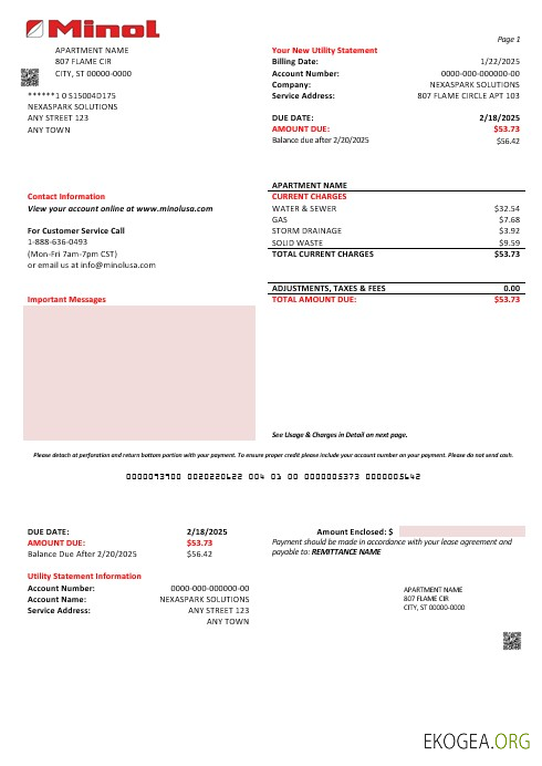 Modèle de facture de services publics des États Unis Texas Minol aux formats Word et PDF